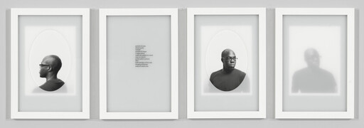 Four framed portraits show a man in profile, three-quarter view, and blurred silhouettes across a wall.