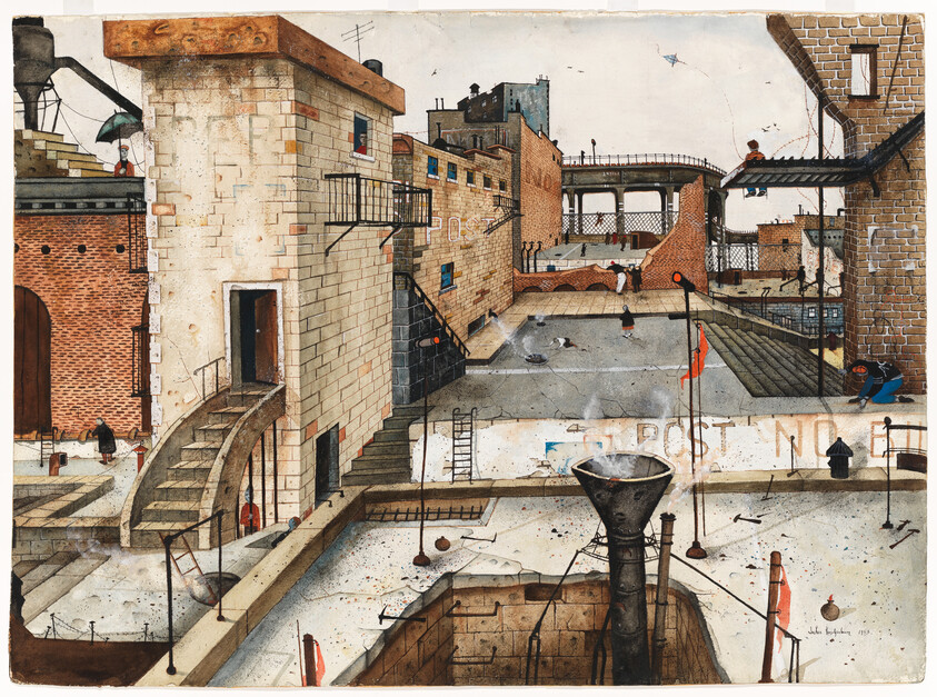 Rooftop courtyard with workers, staircases, ladders, and industrial vents against a city backdrop.