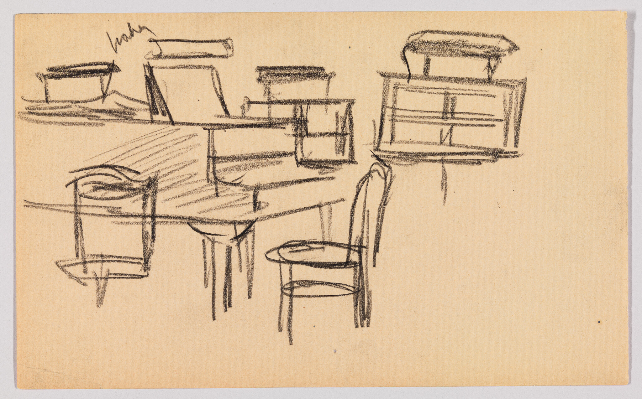 A sketch on tan paper featuring a loose, gestural drawing of furniture, possibly in an interior setting. The drawing includes several chairs and tables with quick, expressive lines, and there's a handwritten note in the upper left corner.