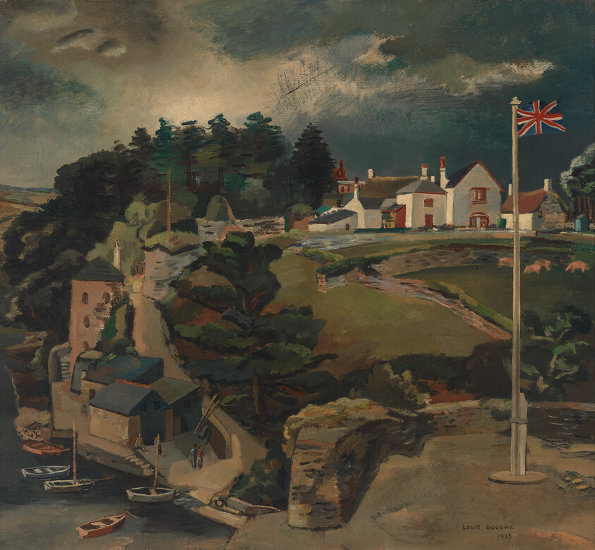A coastal village on a hillside with white houses, boats along the shore, and a Union Jack flag.
