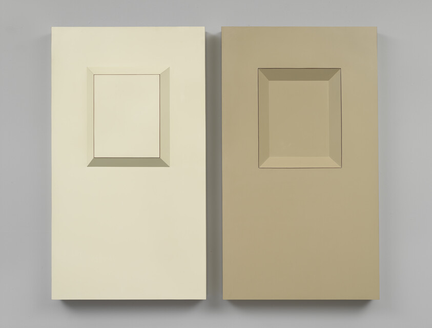 Two rectangular panels mounted on a wall, each featuring a central square cut-out with a three-dimensional effect. The left panel is lighter in color with the cut-out edges receding, while the right panel is a shade darker with the cut-out edges protruding.