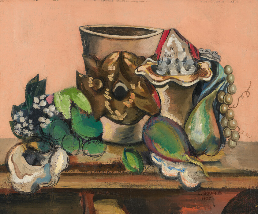 Still life showing a decorated vase, shell, fruit, pearls, and flowers on a wooden table.