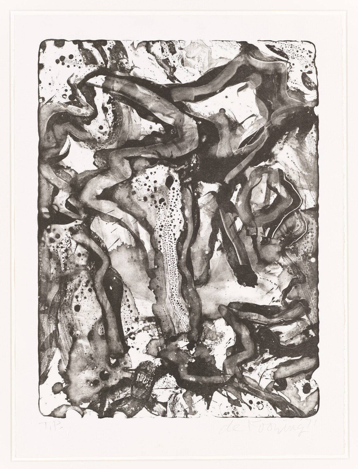 Abstract black ink wash print with tangled brushstrokes, splatters, and flowing organic shapes.