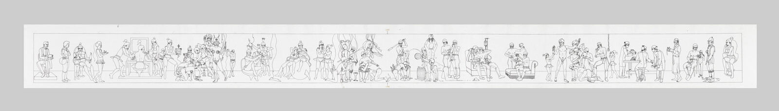 A long panoramic line drawing showing many people engaged in various activities and social interactions.