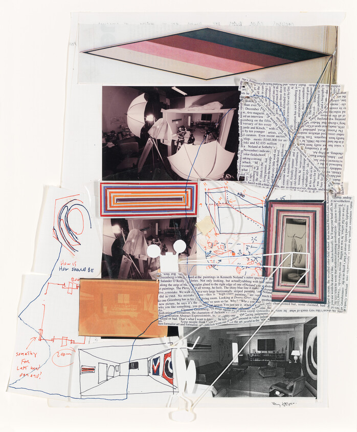 Collage of black-and-white photos, colorful geometric shapes, handwritten notes, and text clippings layered together.