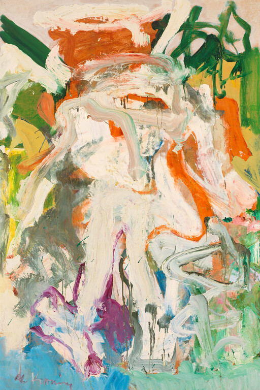 Abstract painting with bold orange, green, and white brushstrokes swirling over a colorful background.