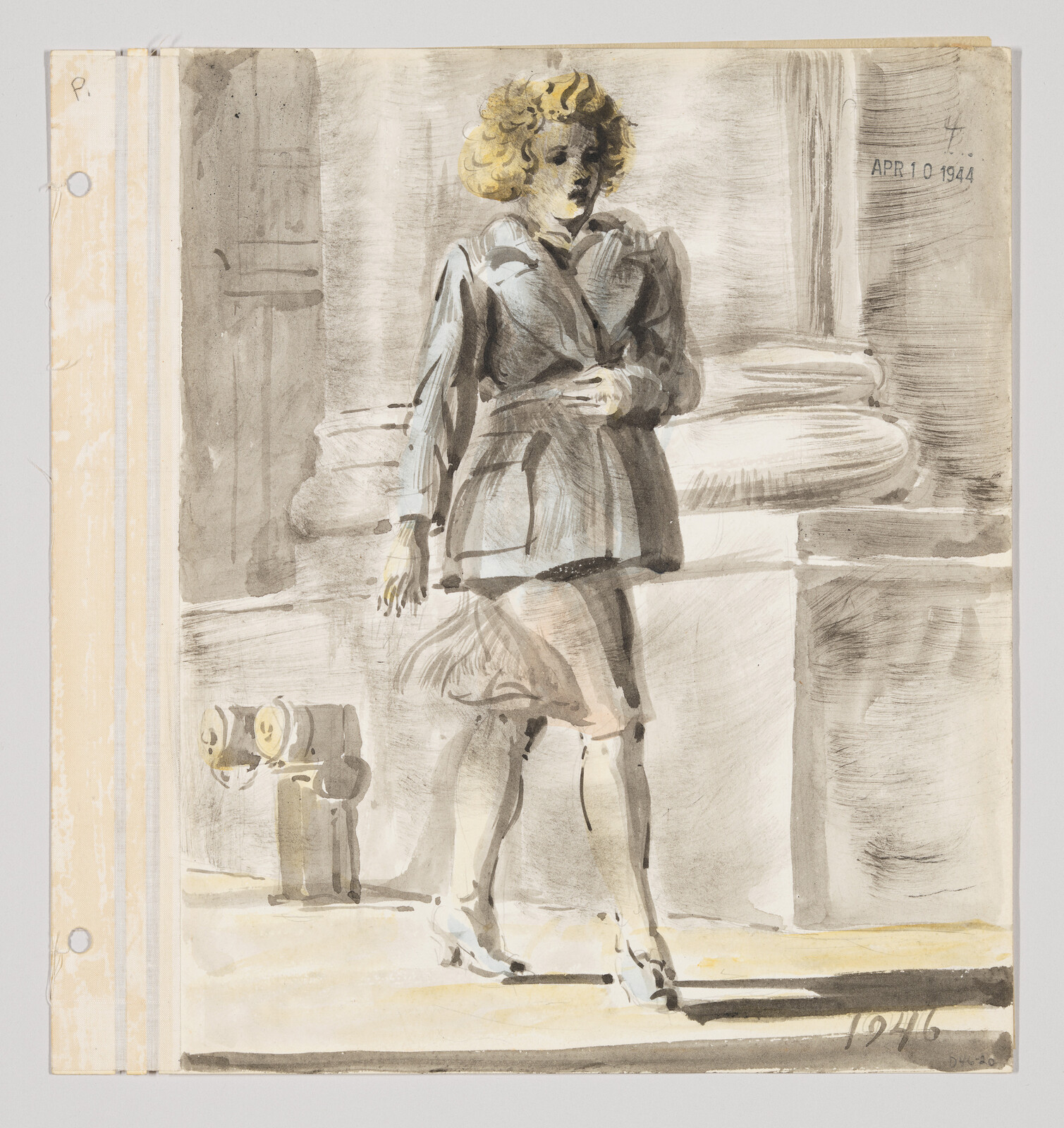 A woman in a coat and heels walks past large stone columns, casting a shadow.