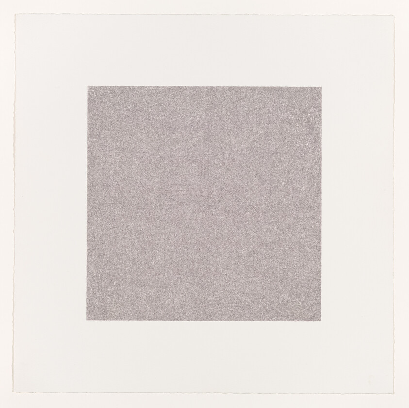 A square of densely packed, fine gray dots centered on a white background, creating a textured appearance within a minimalist composition.