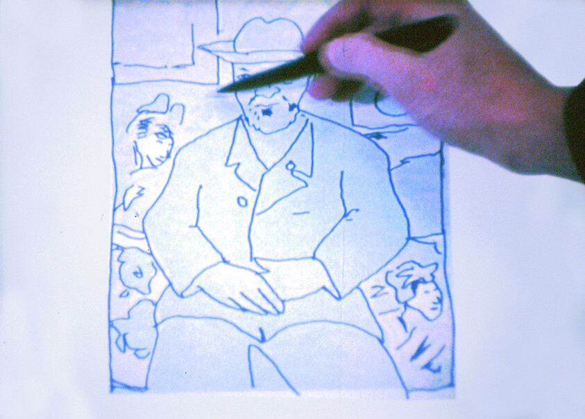 A hand holding a pen traces over a simple blue line drawing of a man wearing a hat and coat.
