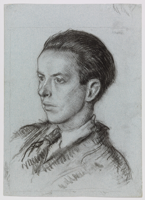 A young man in a collared shirt and tie looks left in a charcoal portrait.