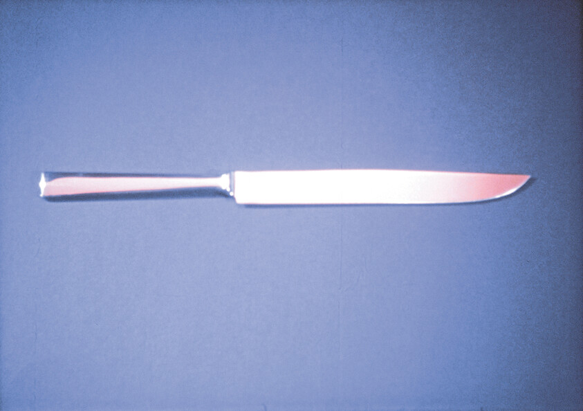 A long stainless steel carving knife with a handle lies horizontally on a blue surface.