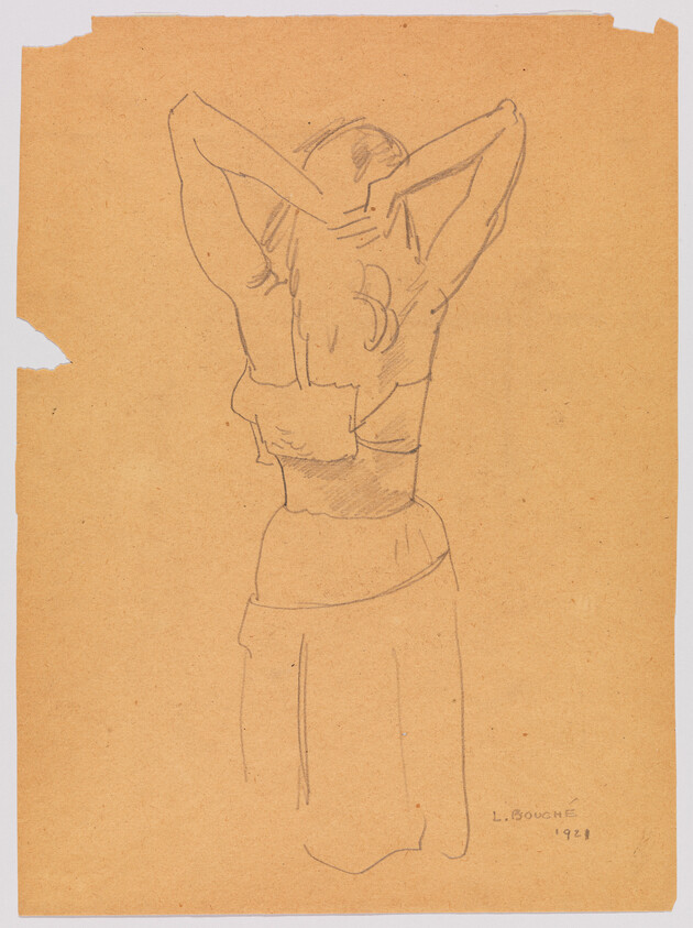 Woman seen from behind raising her arms to tie her hair in a simple pencil sketch.