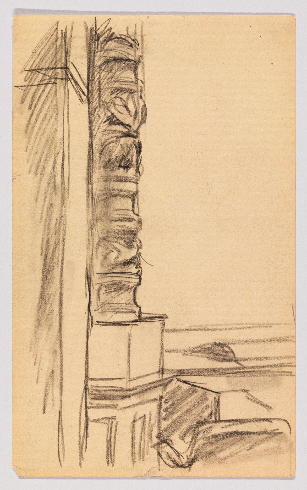 Pencil sketch on tan paper depicting the corner of a room with architectural details, including a column and molding, with heavy shading on the left side suggesting a light source from the right.
