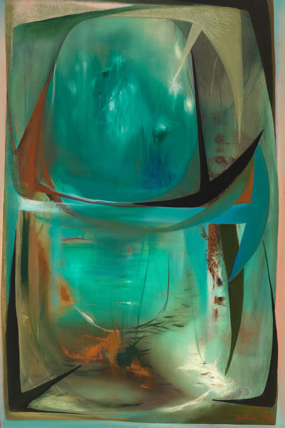 Large teal and turquoise abstract composition with curved black accents and orange highlights.