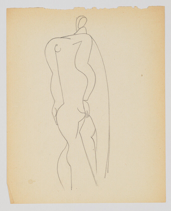 Simple pencil line drawing of a stylized standing nude female figure with a long drape.