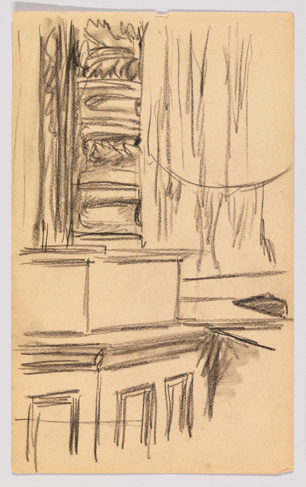 A sketch on tan paper featuring loose, expressive lines in charcoal or pencil, depicting what appears to be an architectural scene with a series of steps leading up to a columned structure, flanked by trees or tall plants. The drawing is suggestive rather than detailed, capturing the essence of the scene with minimal strokes.
