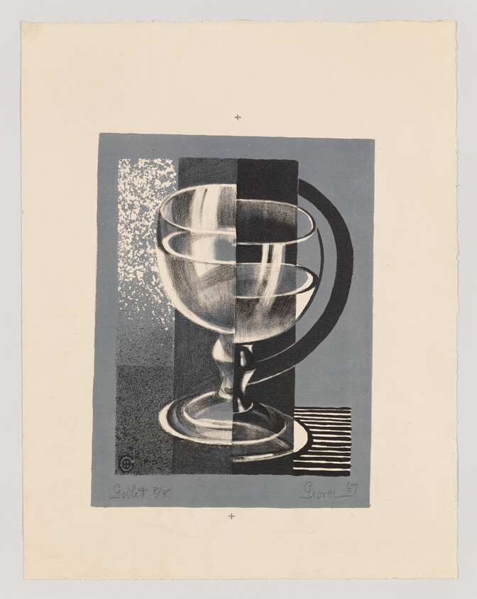 A stylized glass goblet with bold geometric blocks and a dark curved handle.