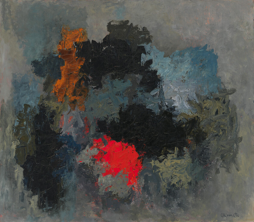 Abstract painting with thick dark shapes and a bright red textured area in the center.