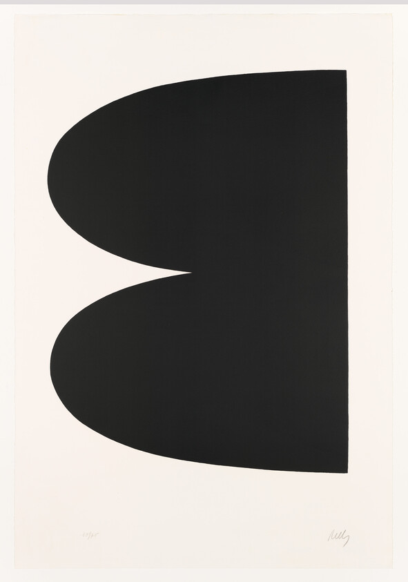 A graphic artwork featuring a large black shape on a white background, resembling a stylized profile of a heart or two mirrored commas. The black shape has a smooth, curved cutout, creating a negative space that contrasts with the solid form. The bottom right corner of the image contains a signature.