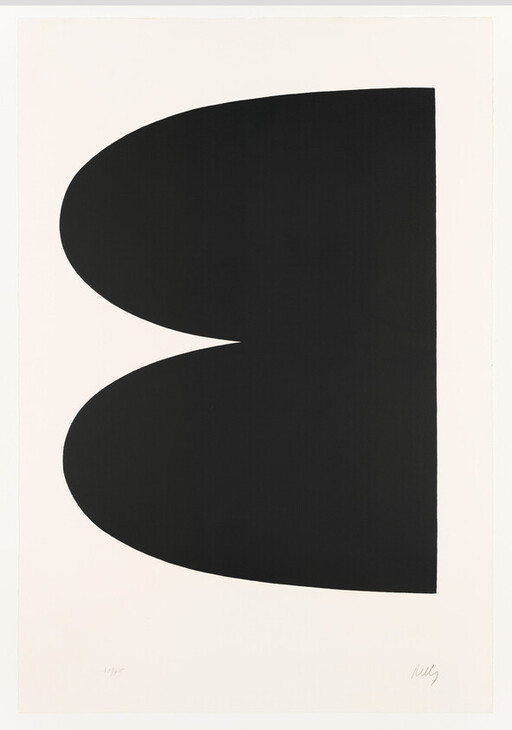 Large bold black abstract shape with two rounded lobes against a white background.