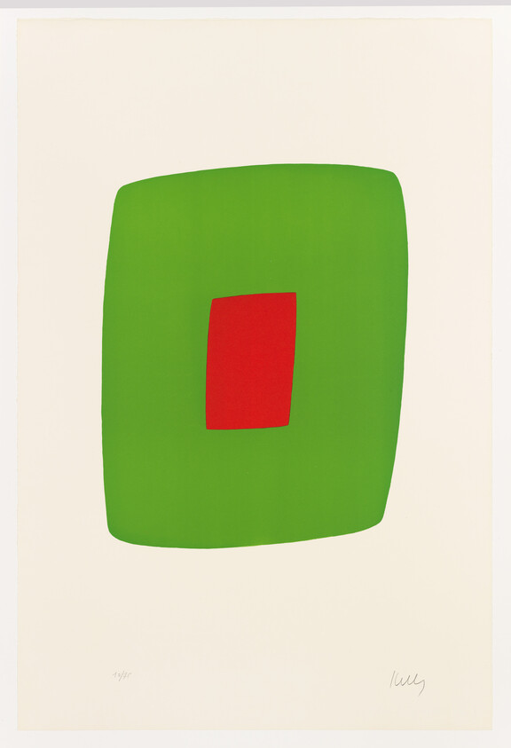 A minimalist artwork featuring a large green square with rounded edges centered on a white background, with a smaller bright red square placed in the center of the green square. The bottom right corner of the image contains a signature and a fraction, possibly indicating the artwork's edition number.