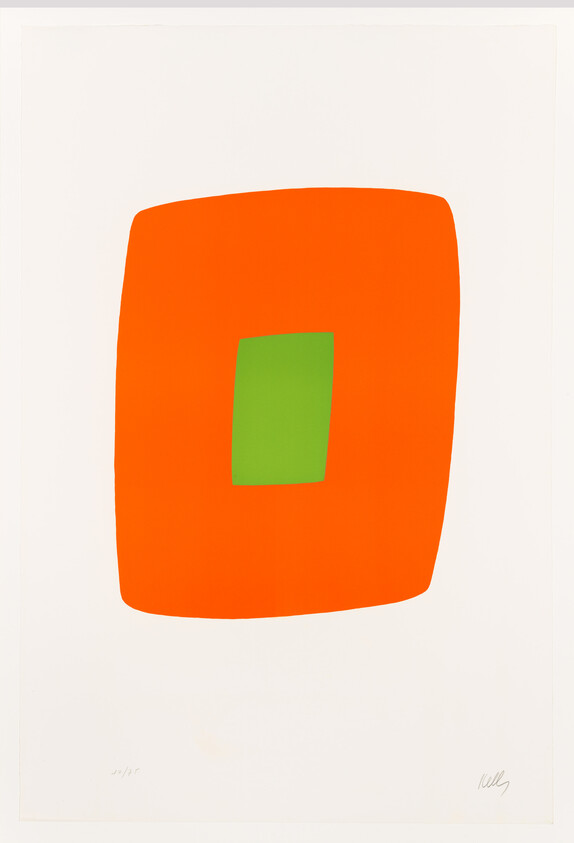 A minimalist art print featuring a large orange square with rounded edges centered on a white background, and a smaller green square centered within the orange square. The print is numbered and signed by the artist in the bottom left corner.