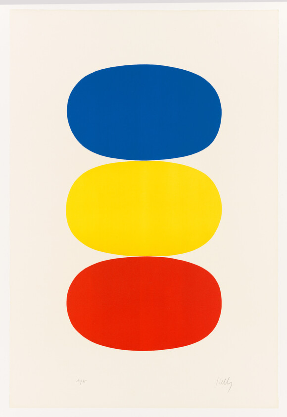 A minimalist artwork featuring three large, flat-colored ellipses stacked vertically. The top ellipse is blue, the middle is yellow, and the bottom is red. The background is white, and there are signatures or markings in the bottom corners of the print.