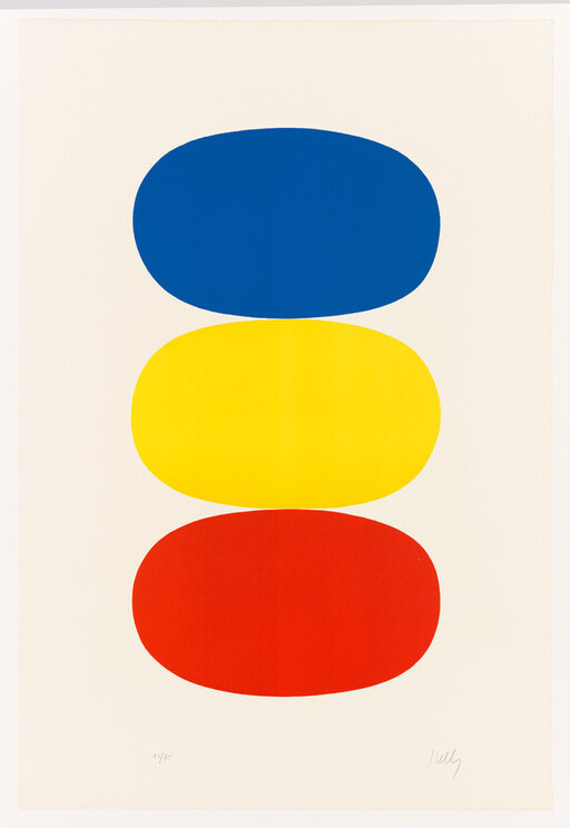 Three large rounded ovals in blue, yellow, and red stacked vertically on a white background.