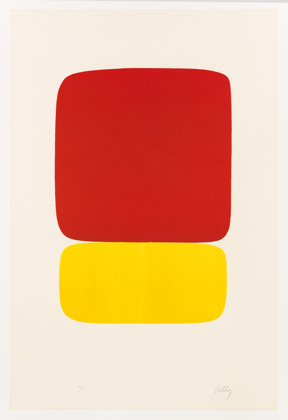 A minimalist artwork featuring two bold, rounded rectangles, one red on top and one yellow below, centered on a white background with the artist's signature and edition number at the bottom right.