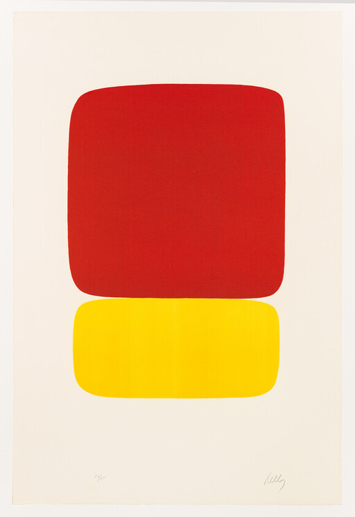 Two rounded rectangles stacked vertically, a larger red block above a smaller yellow block.