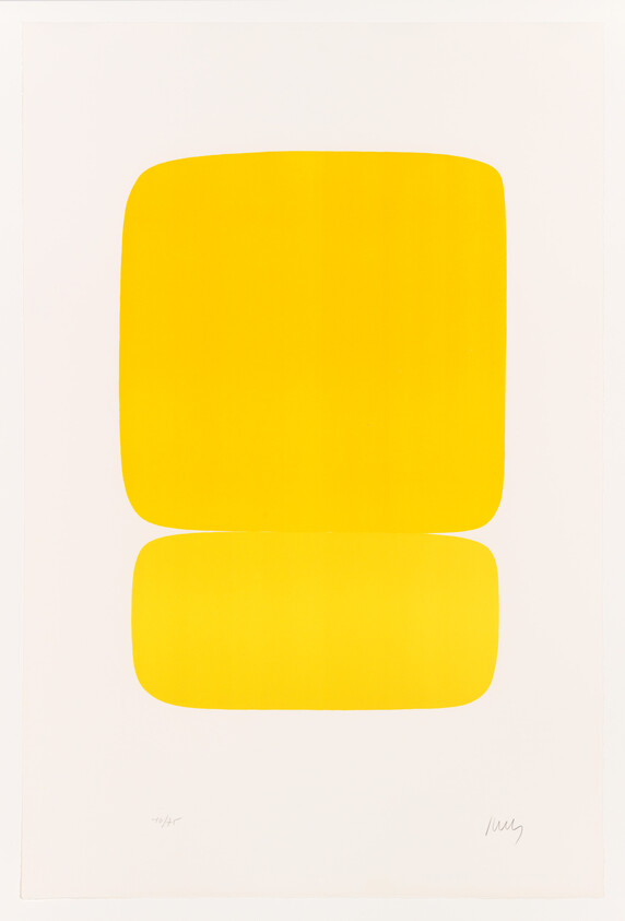 A minimalist artwork featuring two flat, bright yellow rectangles with rounded corners, one above the other, centered on a white background. The upper rectangle is larger and both are aligned along their central vertical axis. There are signatures or inscriptions at the bottom corners of the print.