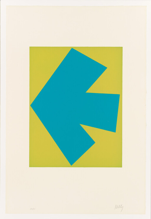 Large blue angular shape pointing left sits on a yellow-green rectangle with wide white border.