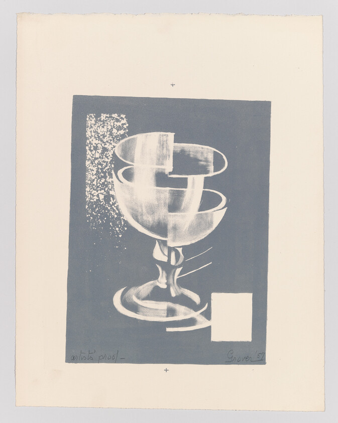 Three stacked glass bowls on a pedestal rendered in a blue-gray print with textured accents.