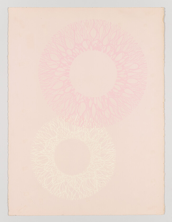 Two delicate circular lace-like rings, one pink and one cream, on a pale pink background.
