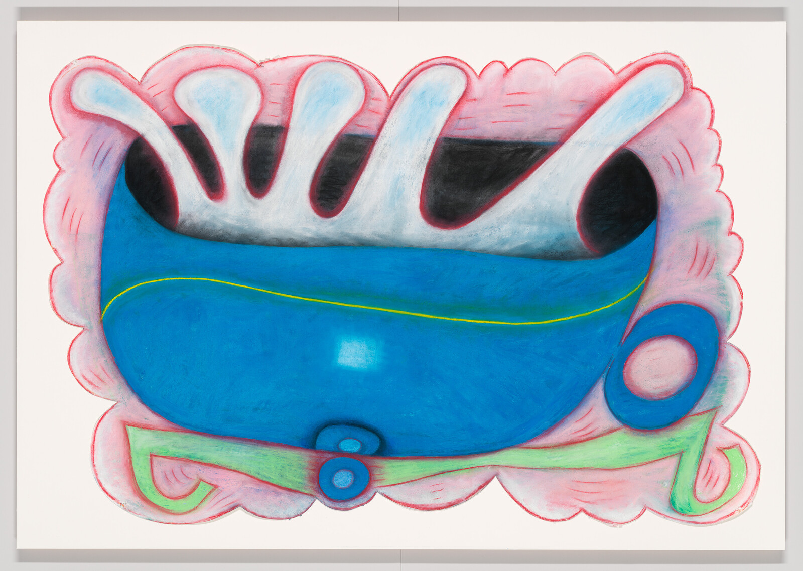 A colorful abstract painting showing a large blue rounded form with white finger-like shapes and a yellow line.