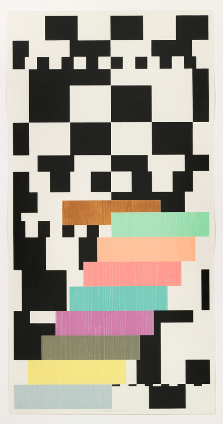 Abstract composition of black pixel-like squares with stacked colorful horizontal bars across the center.