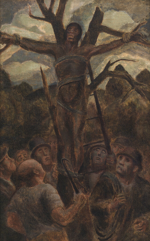 A bound man tied to a tree as a crowd of villagers looks up in shock.