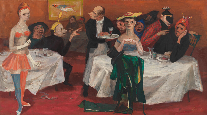 A masked, costumed dinner party with a waiter serving drinks to seated and standing guests.