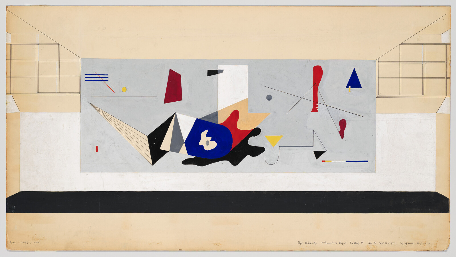 Wall mural with abstract geometric shapes and colorful forms in a minimalist room.