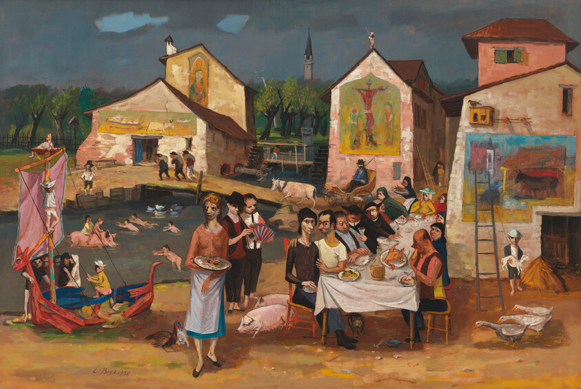 A group of villagers share a long outdoor meal while a server brings plates beside a pond.