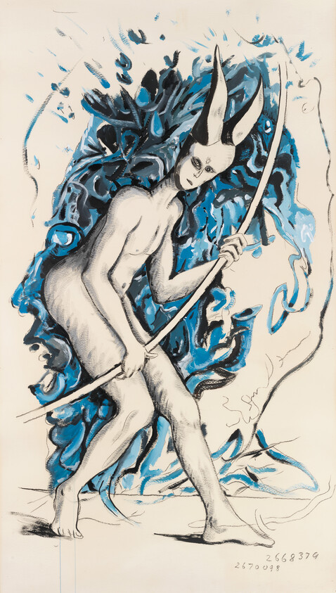 A horned humanoid figure holding a long staff walks against swirling blue abstract shapes.