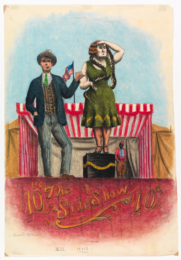 Sideshow woman with a snake stands on a box beside a man holding a small flag.