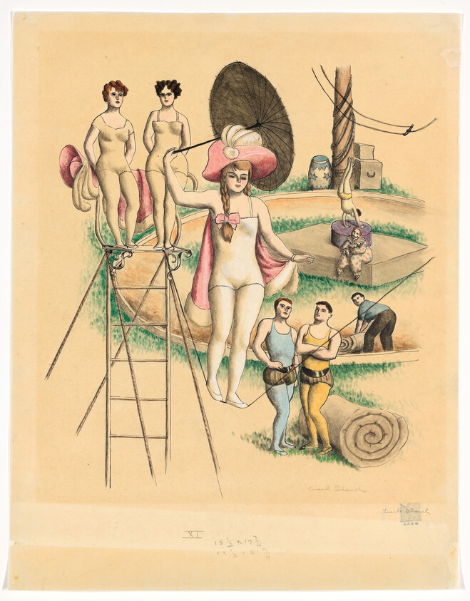 A female trapeze artist in a pink hat and cape steps from a platform while crew holds ropes.