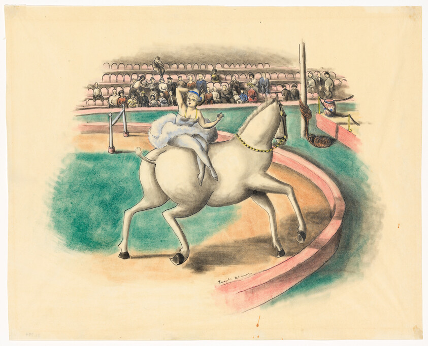 A female circus performer in a tutu rides a white horse gracefully inside a round ring before an audience.