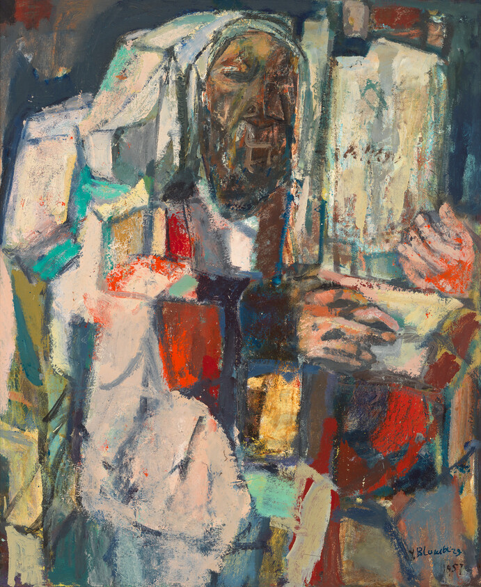 Elderly figure in white robes holding and reading an open book in an abstract painting.