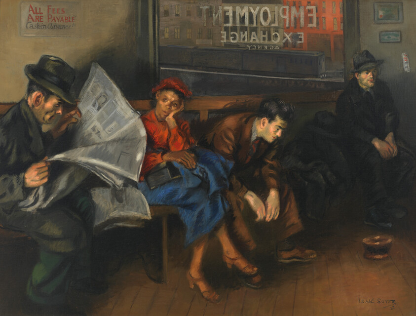 Four tired job seekers sit waiting in an employment office, one reading a newspaper.