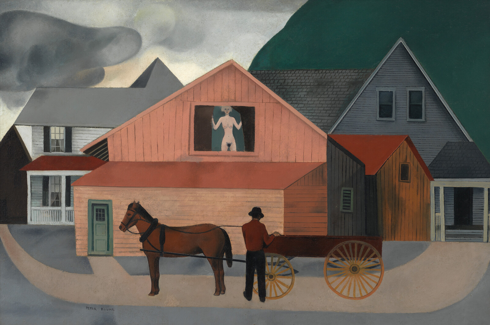 A man hitches a horse to a wooden wagon while a nude figure stands at an upstairs window.