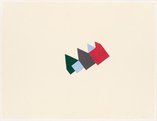 A small row of overlapping colorful geometric house shapes centered on a wide beige background.