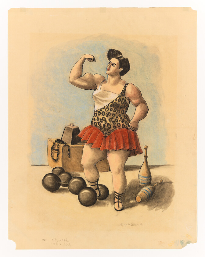 Strongwoman in leopard leotard and red skirt flexes her muscle beside heavy weights and clubs.