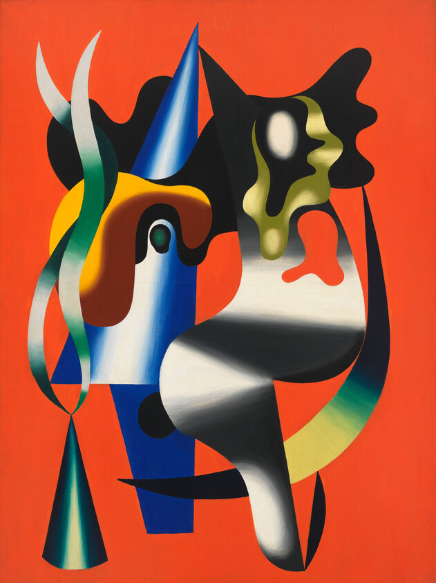 Abstract composition of flowing, colorful organic shapes and cone forms against a bright orange background.